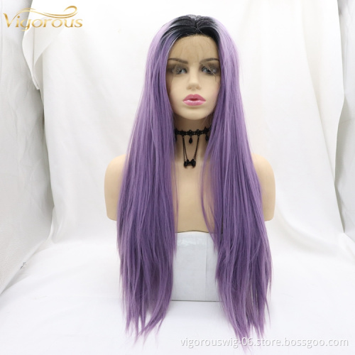 Vigorous 28 Inch Middle Part Long Straight ombre purple Hair Synthetic Hair Wigs For Black Women Heat Resistant Fiber Lace Wigs